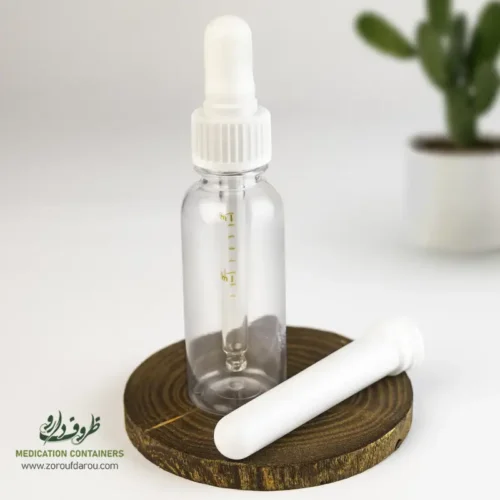 بطری-پلاستیکی-پت-30-سی-سی-گرد-دهانه-18-شفاف-میله-قطره-چکان بطری پلاستیکی پت 30 سی سی گرد دهانه 18 شفاف درب میله قطره ای مناسب برای مواد مایع