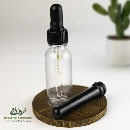 بطری-پلاستیکی-پت-30-سی-سی-گرد-دهانه-18-شفاف-میله-قطره-چکان-مشکی بطری پلاستیکی پت 30 سی سی گرد دهانه 18 شفاف درب میله قطره ای مناسب برای مواد مایع