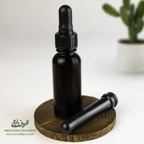 بطری-پلاستیکی-پت-30-سی-سی-گرد-دهانه-18-قهوه-ای-میله-قطره-چکان-مشکی بطری پلاستیکی پت 30 سی سی گرد دهانه 18 قهوه ای درب میله قطره ای مناسب برای مواد مایع