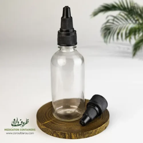 بطری پلاستیکی پت 60 سی سی گرد دهانه 18 شفاف درب تتویی برای مواد مایع تتو