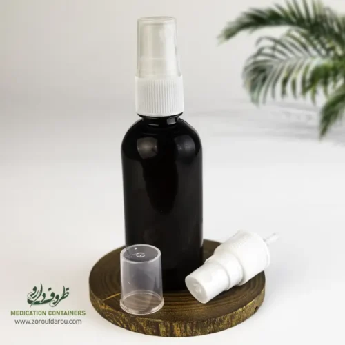 بطری پلاستیکی پت 60 سی سی گرد دهانه 18 قهوه ای درب پمپ اسپری برای مواد مایع رقیق