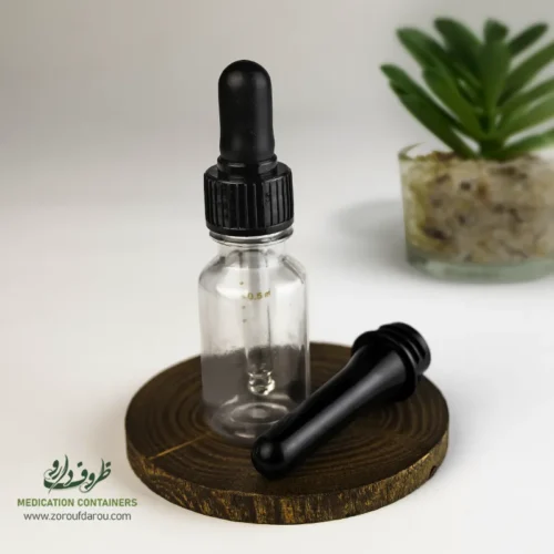 بطری پلاستیکی پت 18 سی سی گرد دهانه 18 شفاف میله قطره چکان مشکی مناسب برای انواع مایعات