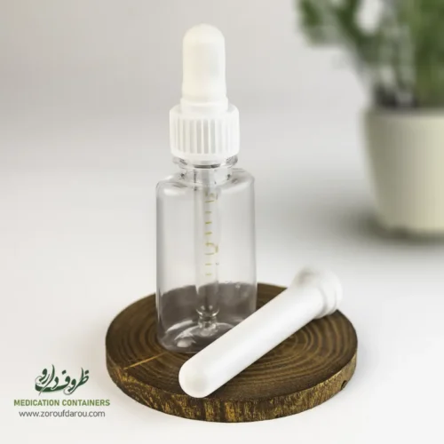 بطری-پلاستیکی-پت-30-سی-سی-آلفا-دهانه-18-شفاف-میله-قطره-چکان بطری پلاستیکی پت 30 سی سی آلفا دهانه 18 شفاف درب میله قطره ای مناسب برای مواد مایع