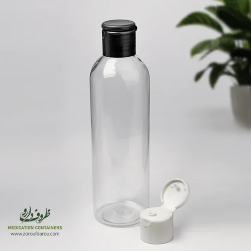 بطری پلاستیکی پت 240 سی سی گرد دهانه 24 شفاف با درب شامپویی