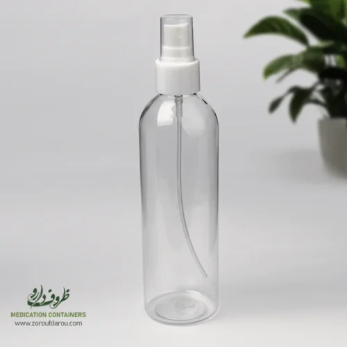 بطری پلاستیکی پت 240 سی سی گرد دهانه 24 شفاف با درب پمپ اسپری رقیق پاش
